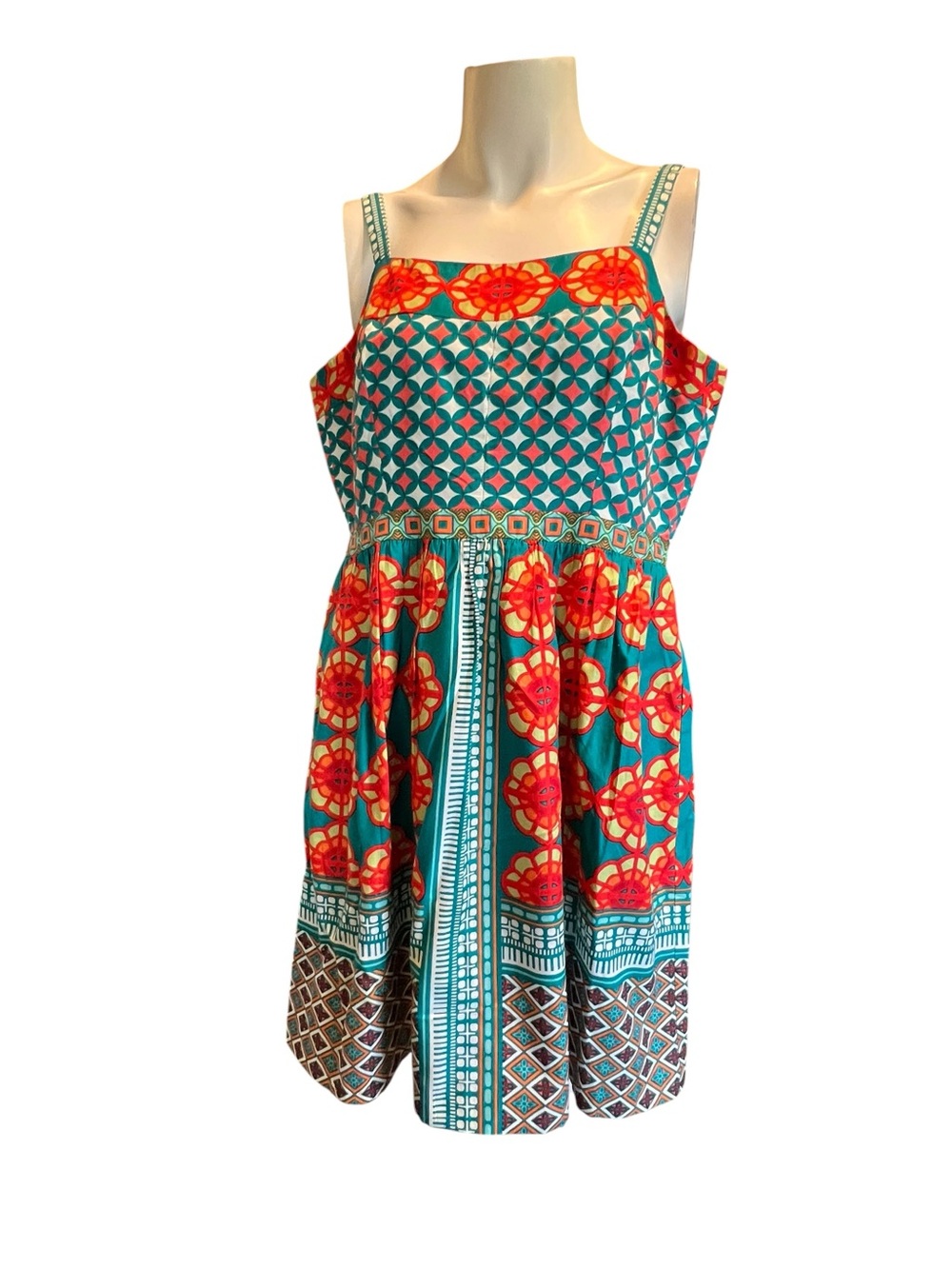 Adrianna Papell Teal and Coral Print Strapless Sundress